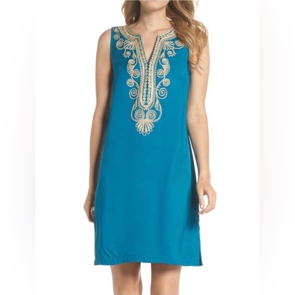 Lilly Pulitzer Carlotta Stretch Shift Dress in Tidal Wave Teal Blue Size 8